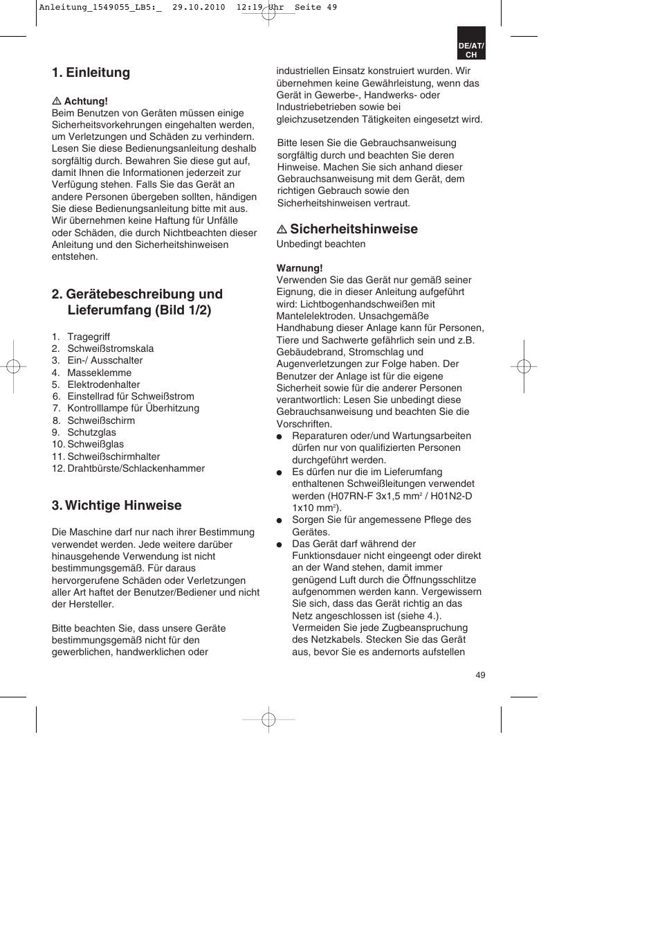 Einleitung, Gerätebeschreibung und lieferumfang (bild 1/2), Wichtige hinweise | Sicherheitshinweise | Parkside PESG 120 A1 User Manual | Page 49 / 60
