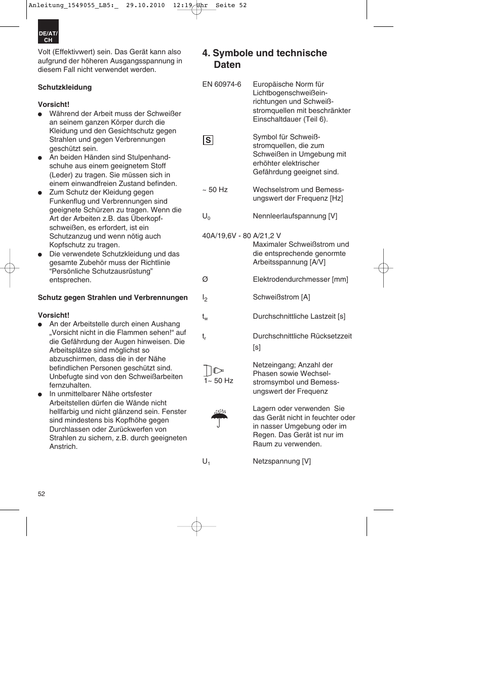 Symbole und technische daten | Parkside PESG 120 A1 User Manual | Page 52 / 60