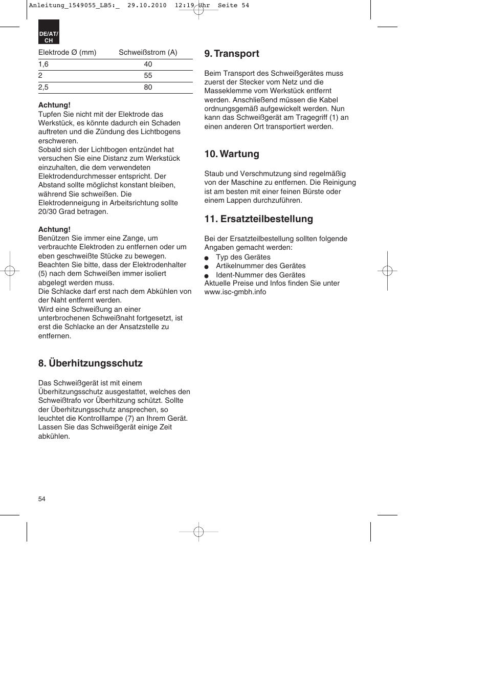 Überhitzungsschutz, Transport, Wartung | Ersatzteilbestellung | Parkside PESG 120 A1 User Manual | Page 54 / 60