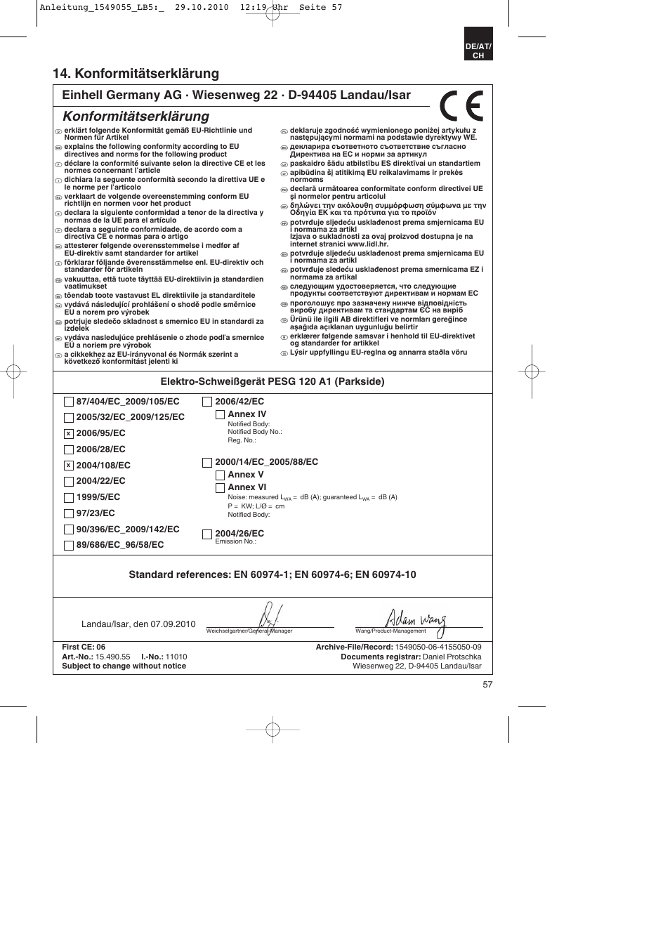 Konformitätserklärung | Parkside PESG 120 A1 User Manual | Page 57 / 60