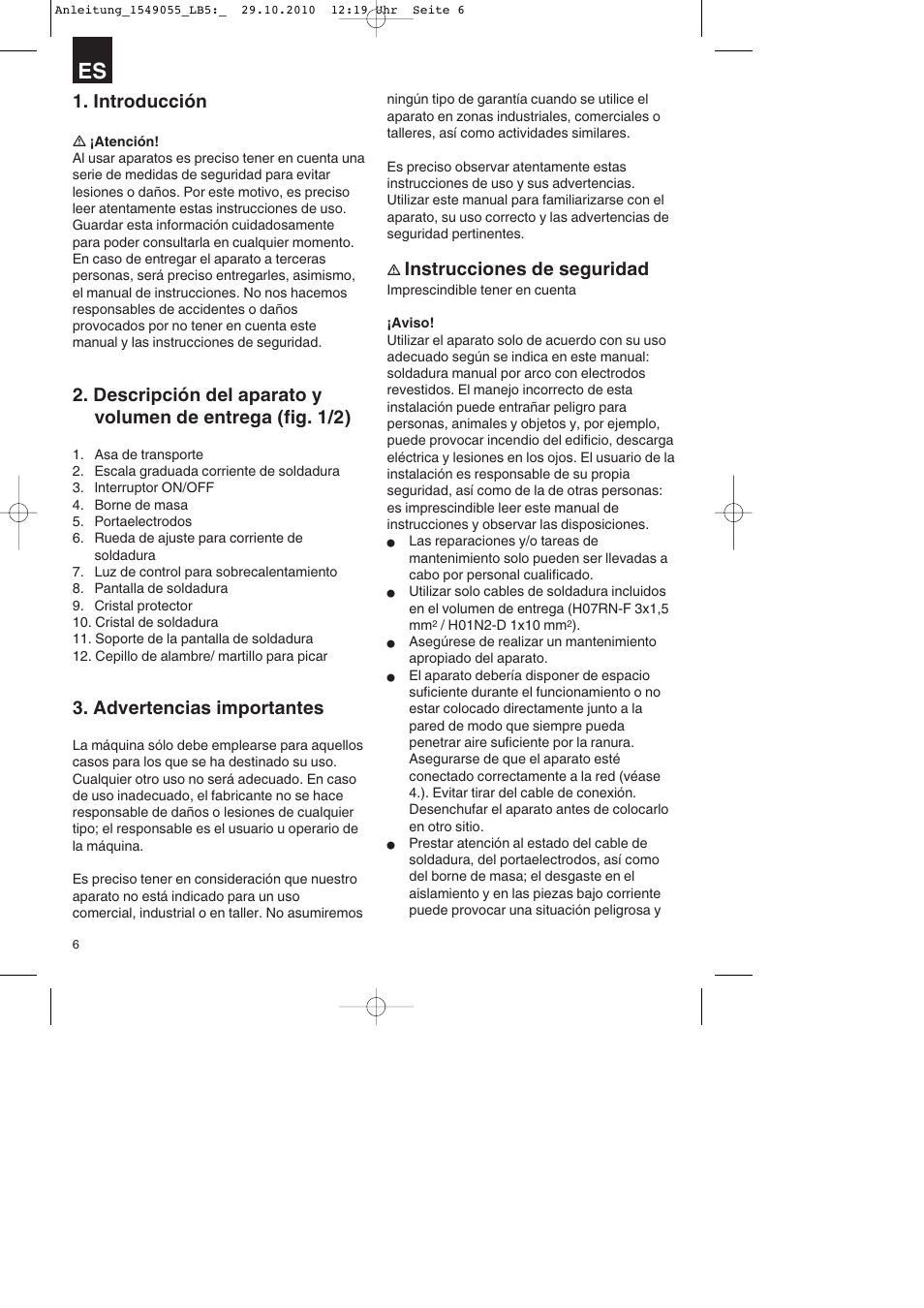 Introducción, Advertencias importantes, Instrucciones de seguridad | Parkside PESG 120 A1 User Manual | Page 6 / 60