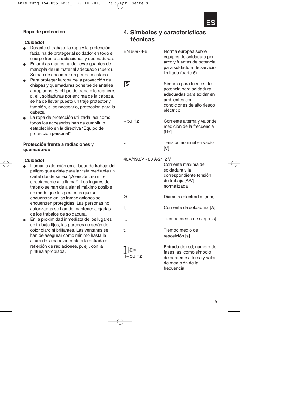 Símbolos y características técnicas | Parkside PESG 120 A1 User Manual | Page 9 / 60