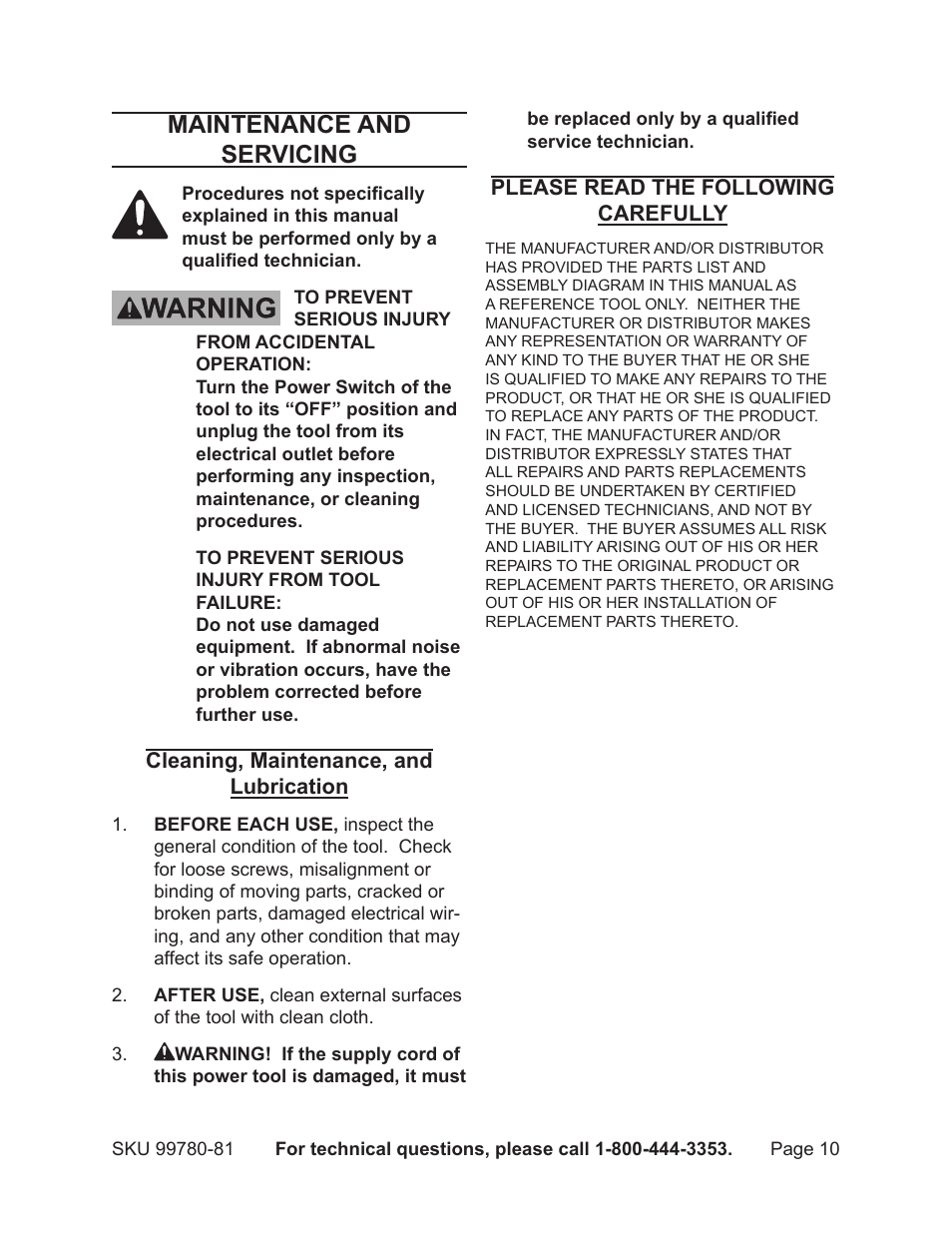 Maintenance and servicing, Cleaning, maintenance, and lubrication, Please read the following carefully | Harbor Freight Tools Model 99780 User Manual | Page 10 / 13