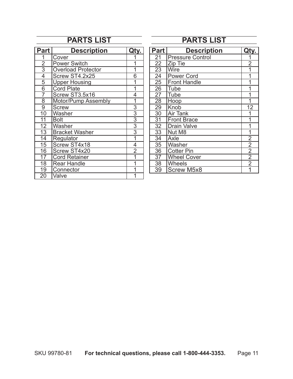 Parts list | Harbor Freight Tools Model 99780 User Manual | Page 11 / 13