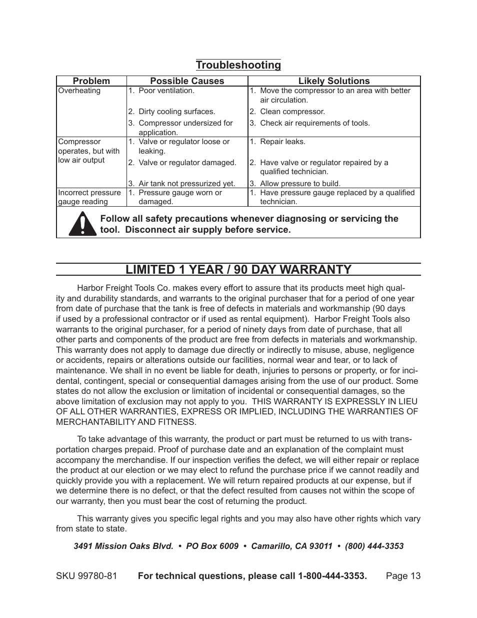 Limited 1 year / 90 day warranty, Troubleshooting | Harbor Freight Tools Model 99780 User Manual | Page 13 / 13