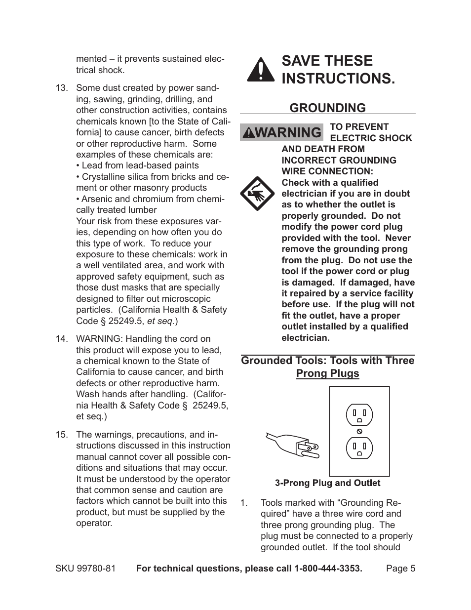 Save these instructions, Grounding | Harbor Freight Tools Model 99780 User Manual | Page 5 / 13