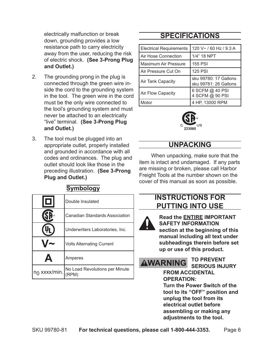 Specifications, Unpacking, Instructions for putting into use | Harbor Freight Tools Model 99780 User Manual | Page 6 / 13