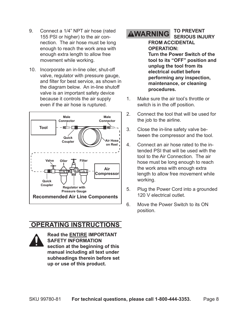 Operating instructions | Harbor Freight Tools Model 99780 User Manual | Page 8 / 13