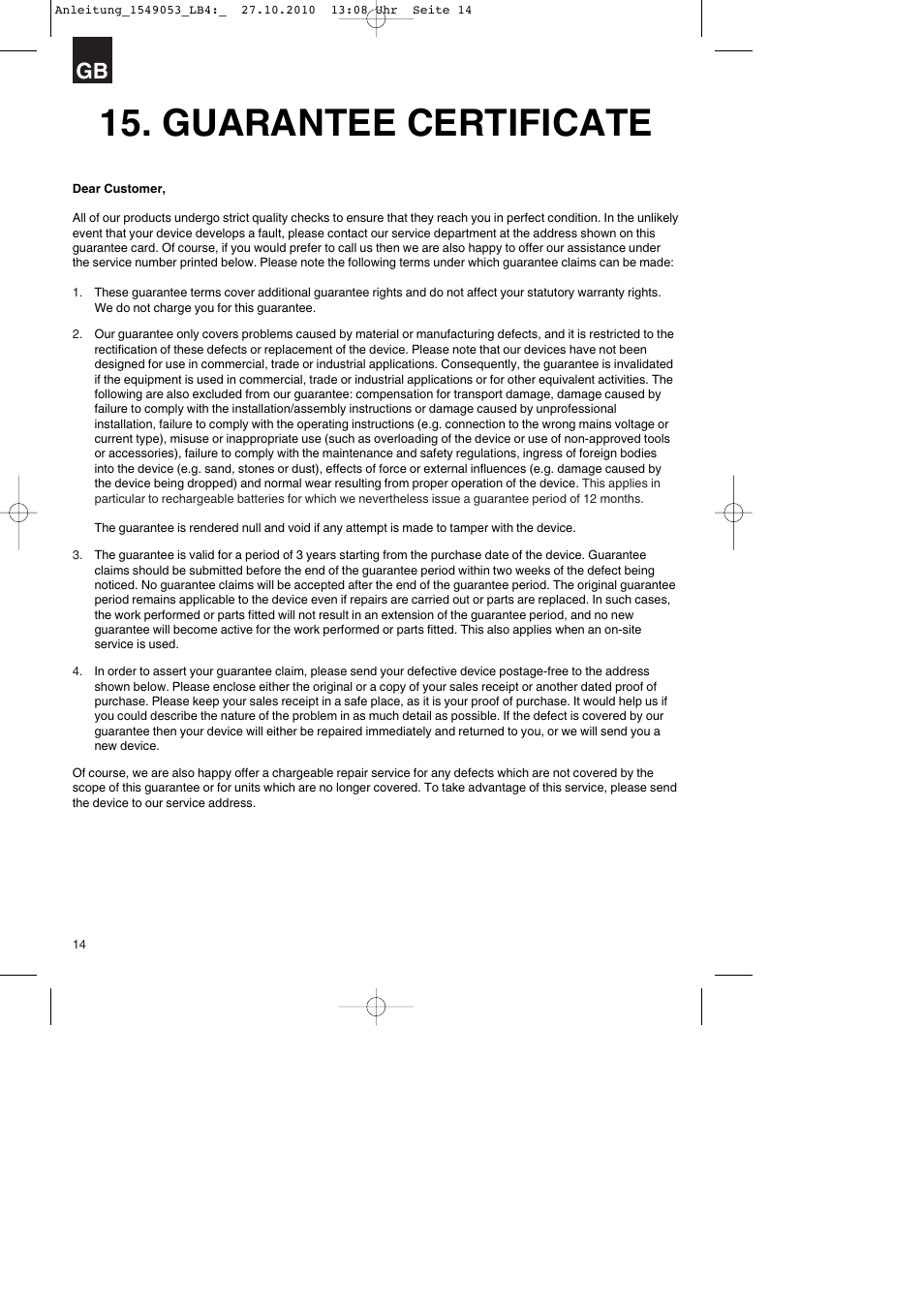 Guarantee certificate | Parkside PESG 120 A1 User Manual | Page 14 / 80