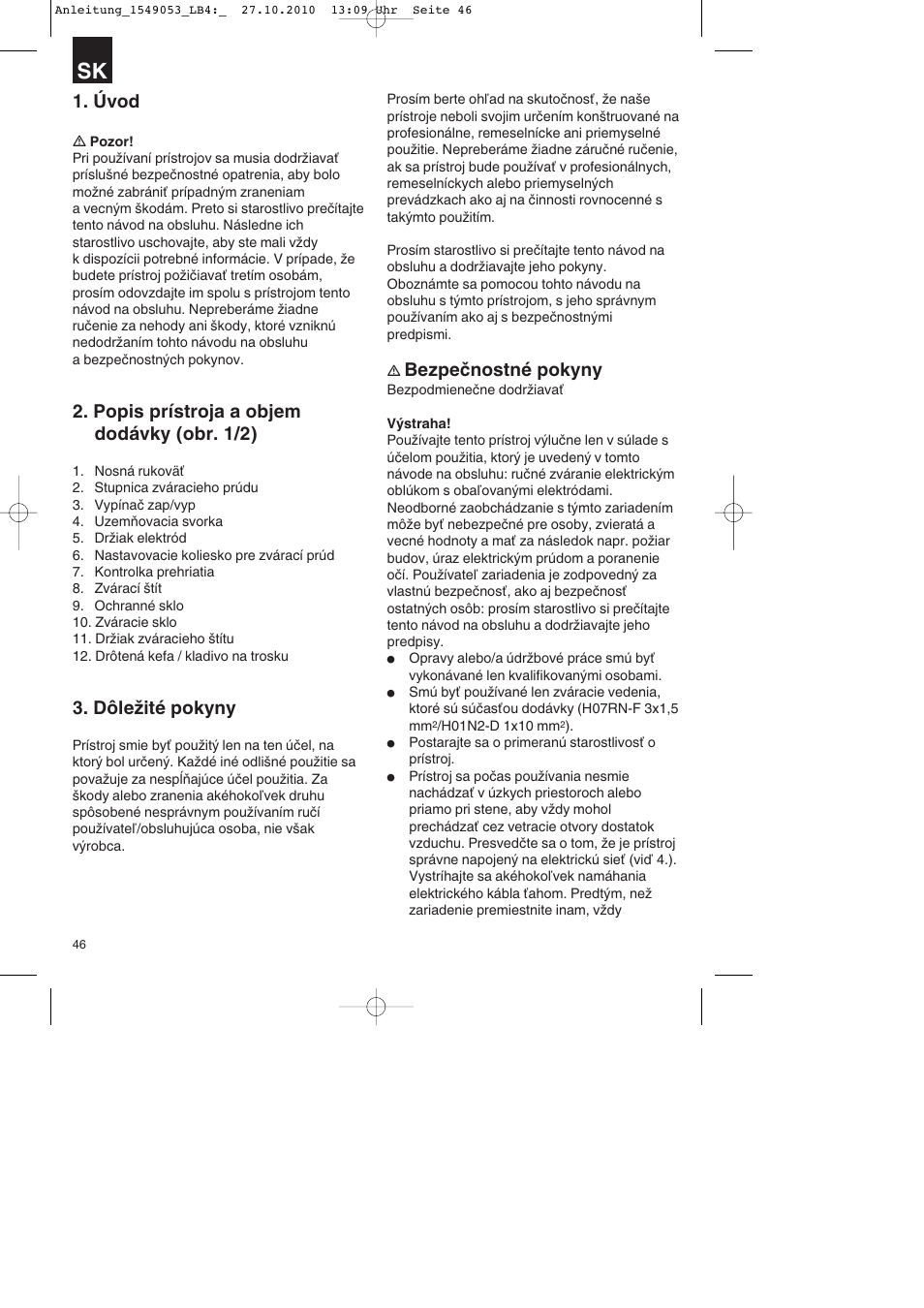 Úvod, Popis prístroja a objem dodávky (obr. 1/2), Dôležité pokyny | Bezpečnostné pokyny | Parkside PESG 120 A1 User Manual | Page 46 / 80