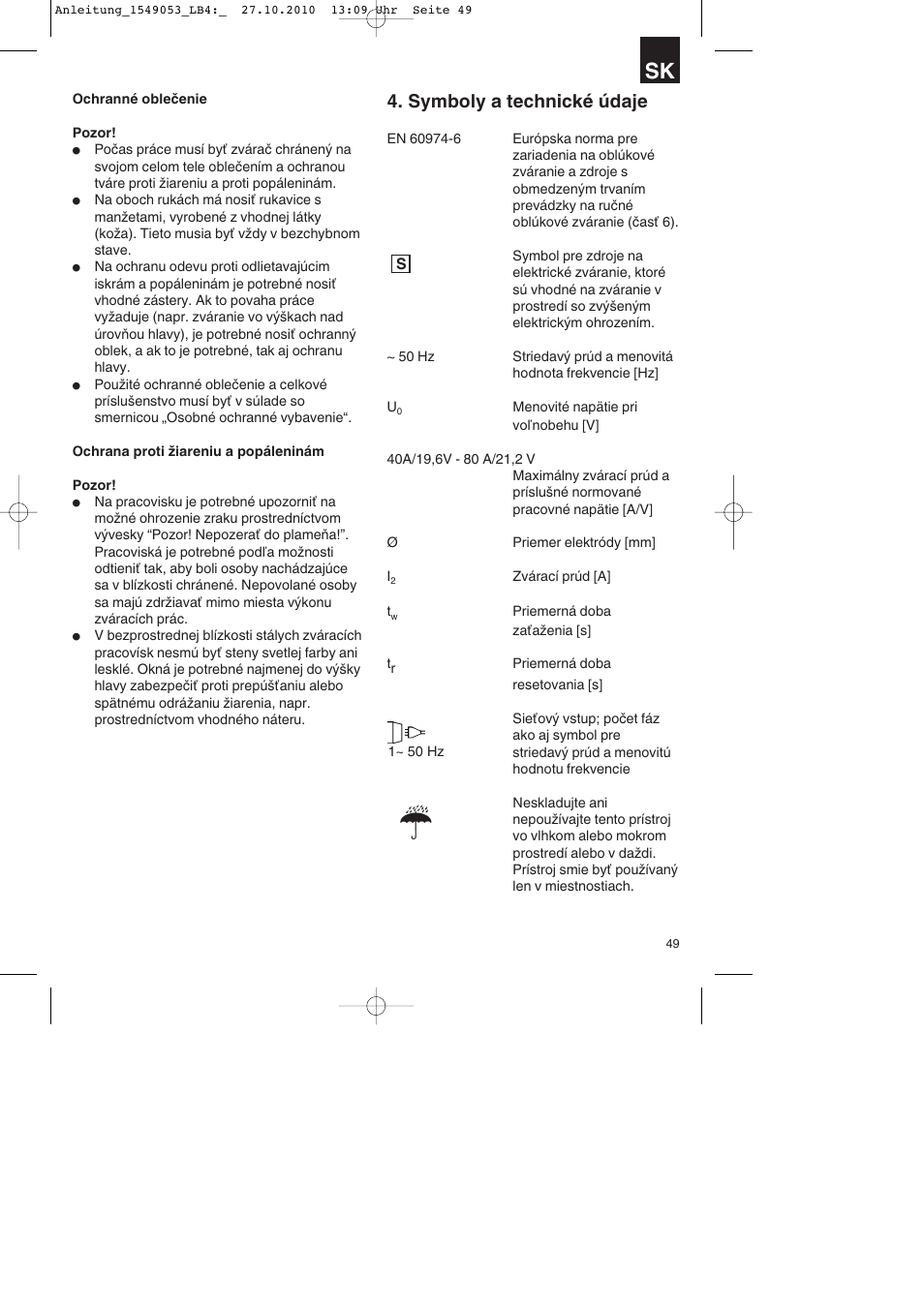 Symboly a technické údaje | Parkside PESG 120 A1 User Manual | Page 49 / 80