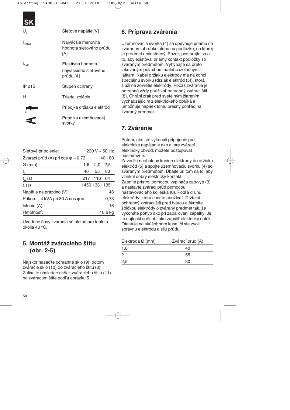 Montáž zváracieho štítu (obr. 2-5), Príprava zvárania, Zváranie | Parkside PESG 120 A1 User Manual | Page 50 / 80