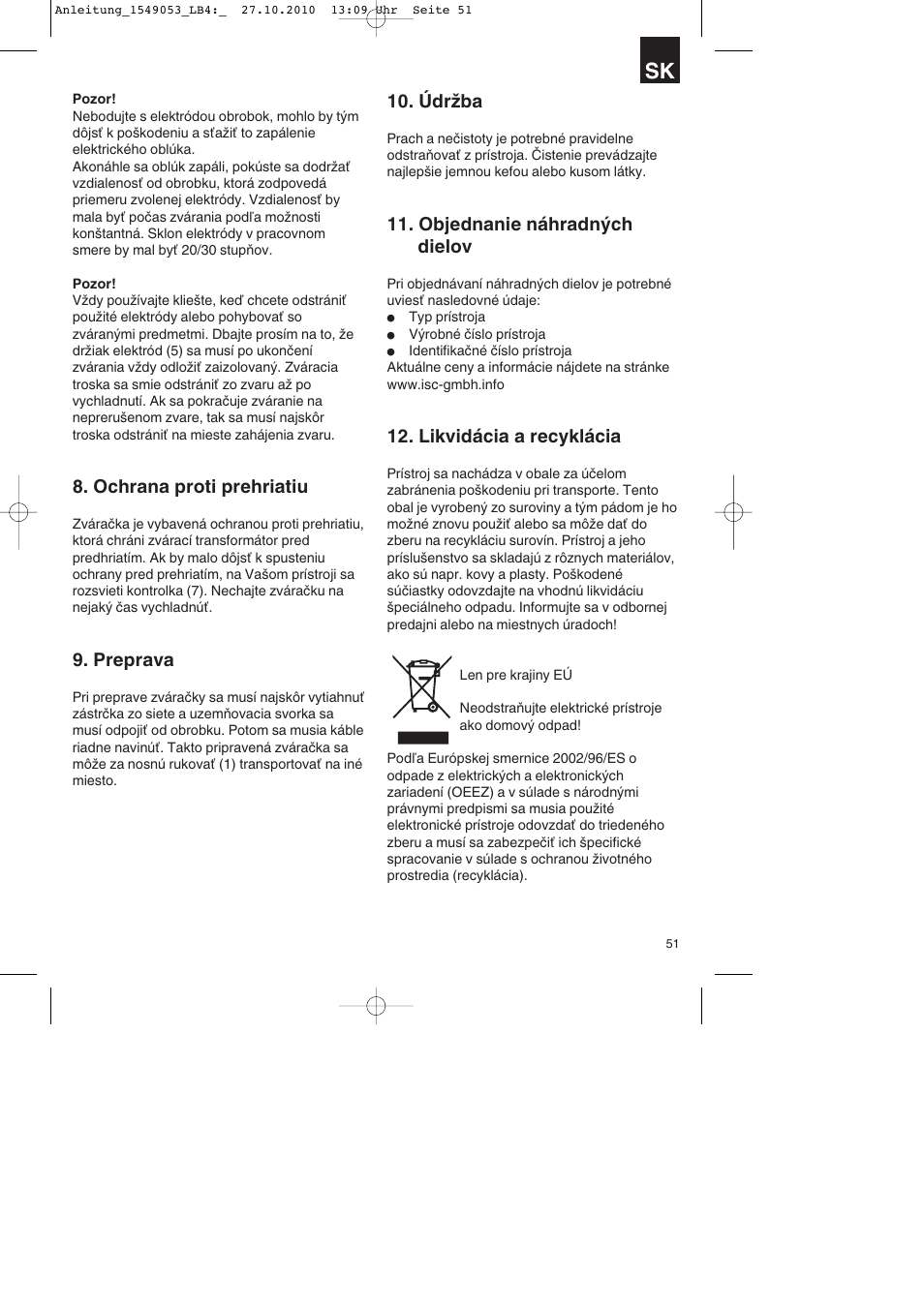 Ochrana proti prehriatiu, Preprava, Údržba | Objednanie náhradných dielov, Likvidácia a recyklácia | Parkside PESG 120 A1 User Manual | Page 51 / 80