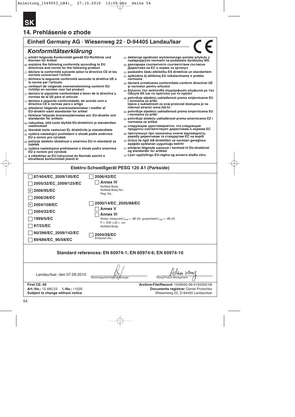 Prehlásenie o zhode, Konformitätserklärung | Parkside PESG 120 A1 User Manual | Page 54 / 80