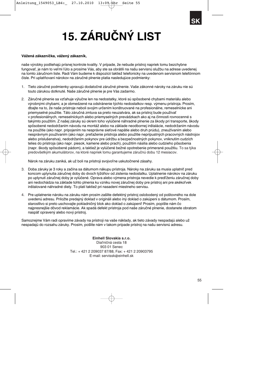 Záručný list | Parkside PESG 120 A1 User Manual | Page 55 / 80