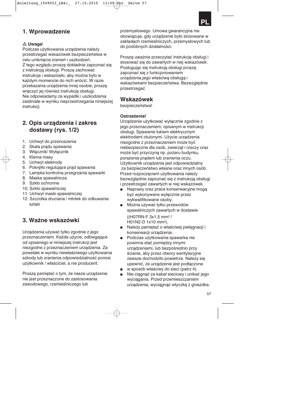 Wprowadzenie, Opis urządzenia i zakres dostawy (rys. 1/2), Ważne wskazówki | Wskazówek | Parkside PESG 120 A1 User Manual | Page 57 / 80