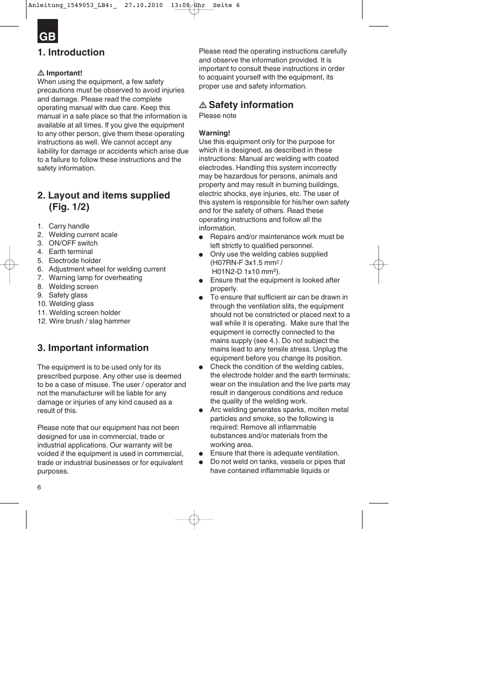 Introduction, Layout and items supplied (fig. 1/2), Important information | Safety information | Parkside PESG 120 A1 User Manual | Page 6 / 80