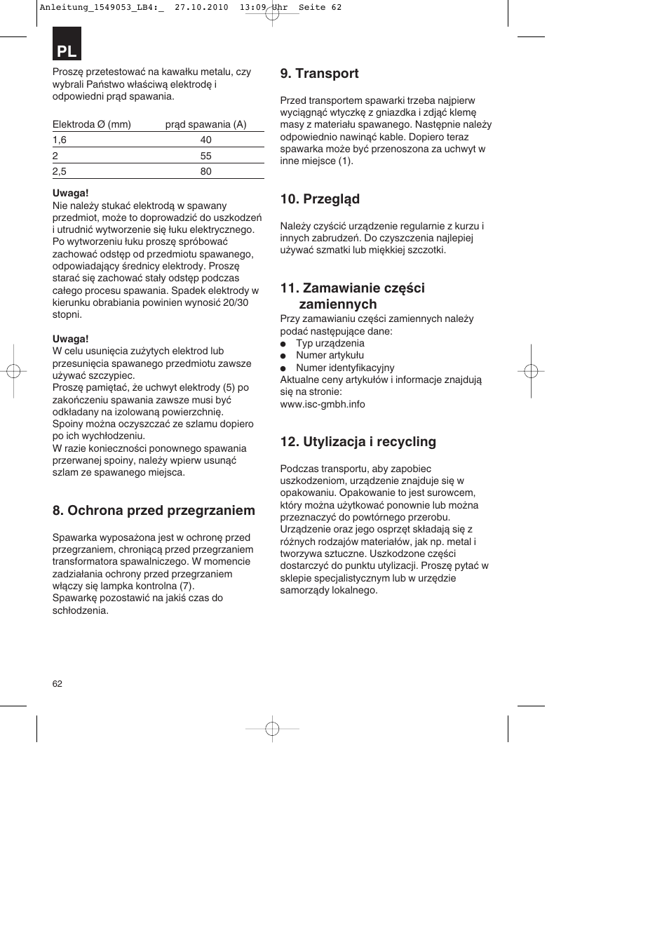 Ochrona przed przegrzaniem, Transport, Przegląd | Zamawianie części zamiennych, Utylizacja i recycling | Parkside PESG 120 A1 User Manual | Page 62 / 80