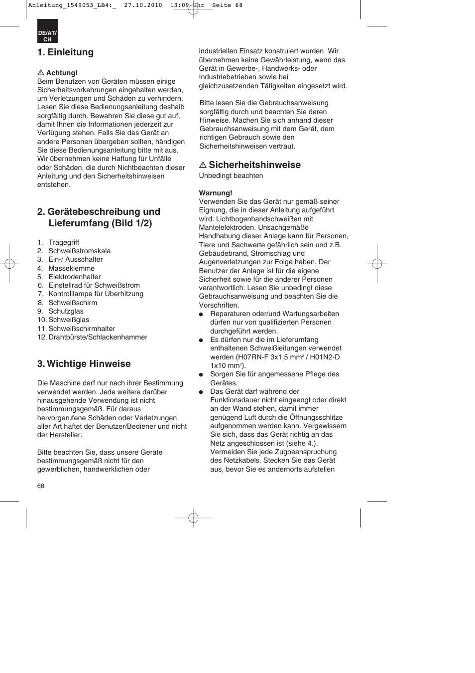 Einleitung, Gerätebeschreibung und lieferumfang (bild 1/2), Wichtige hinweise | Sicherheitshinweise | Parkside PESG 120 A1 User Manual | Page 68 / 80