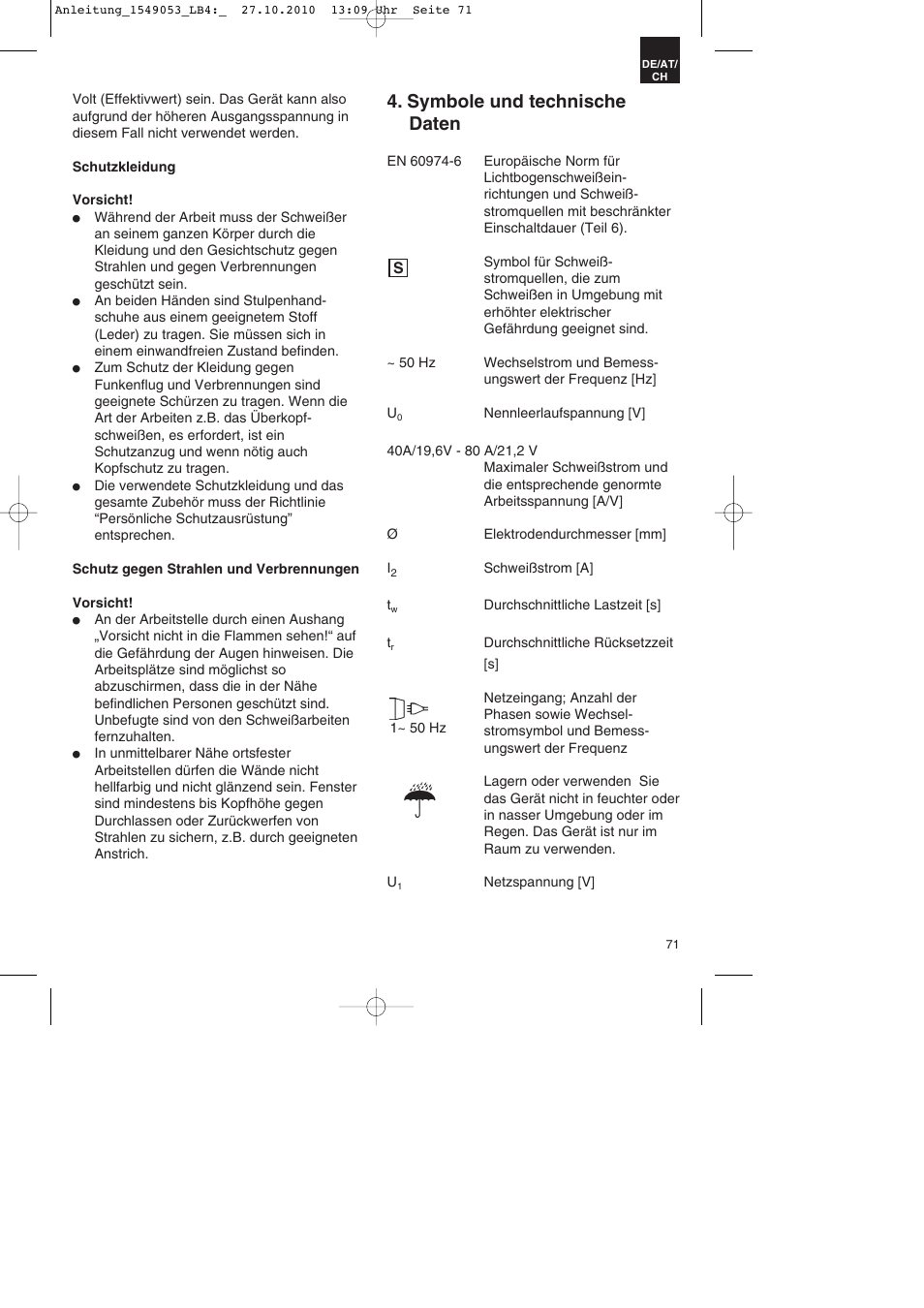 Symbole und technische daten | Parkside PESG 120 A1 User Manual | Page 71 / 80