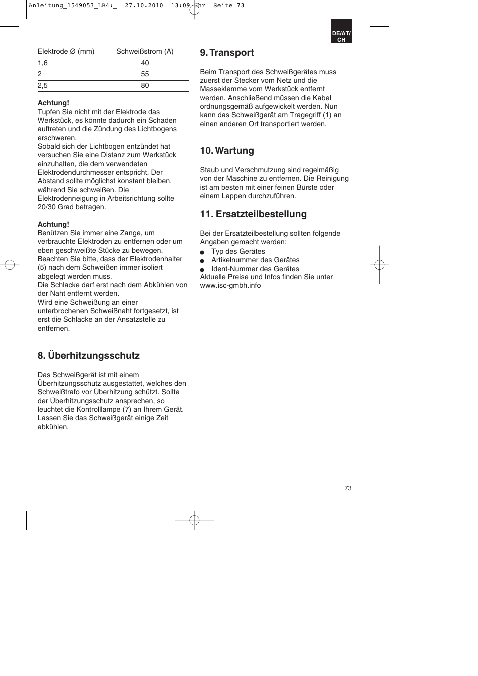 Überhitzungsschutz, Transport, Wartung | Ersatzteilbestellung | Parkside PESG 120 A1 User Manual | Page 73 / 80