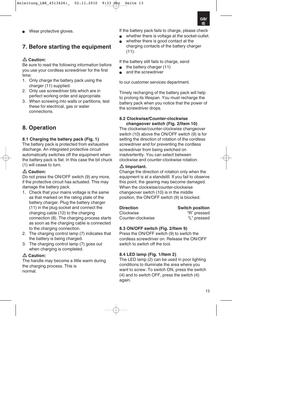 Before starting the equipment, Operation | Parkside PASS 3.6 A1 User Manual | Page 13 / 20