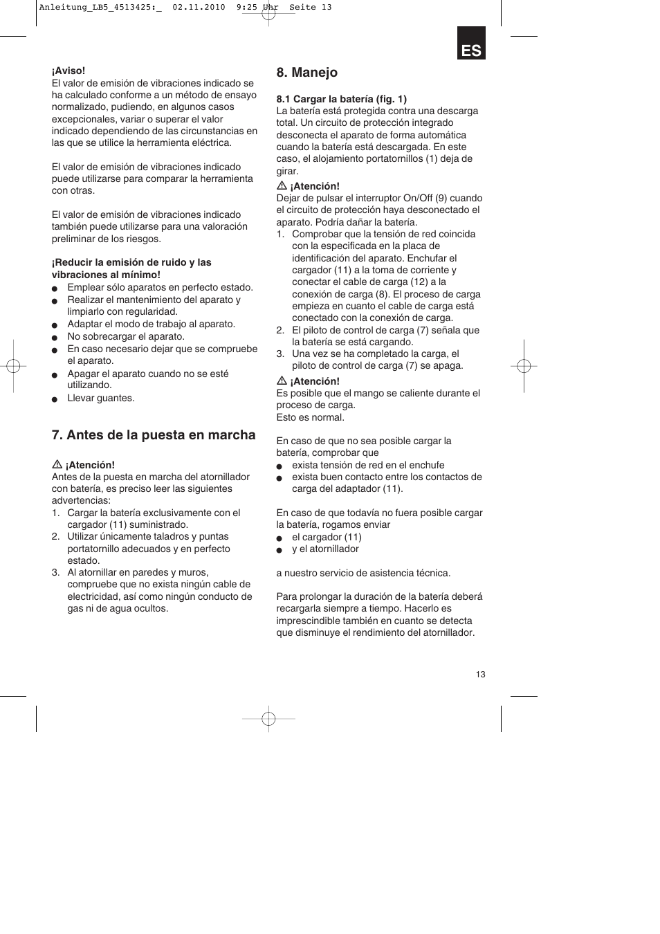 Antes de la puesta en marcha, Manejo | Parkside PASS 3.6 A1 User Manual | Page 13 / 76