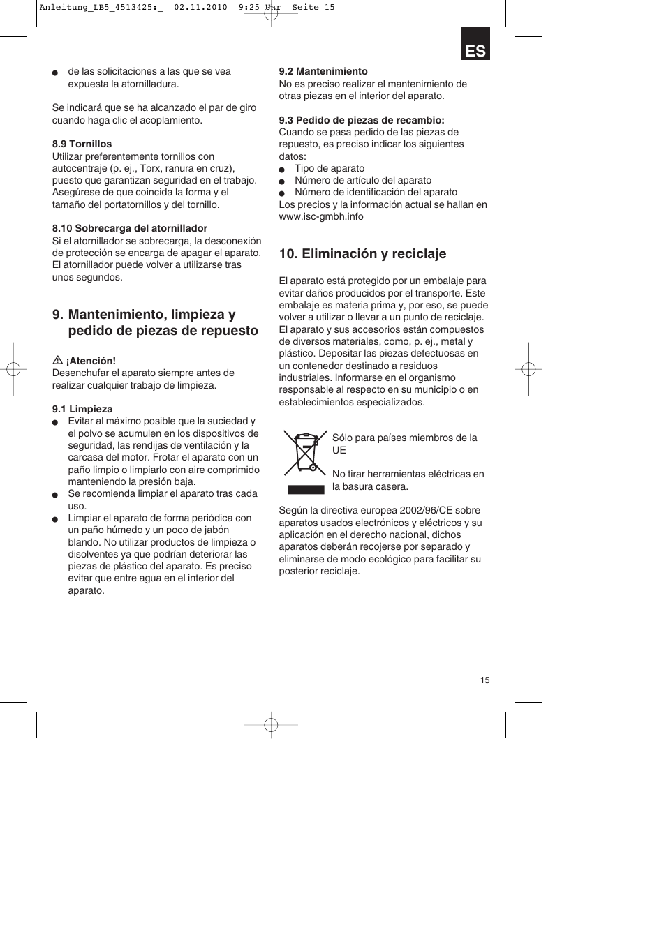Eliminación y reciclaje | Parkside PASS 3.6 A1 User Manual | Page 15 / 76