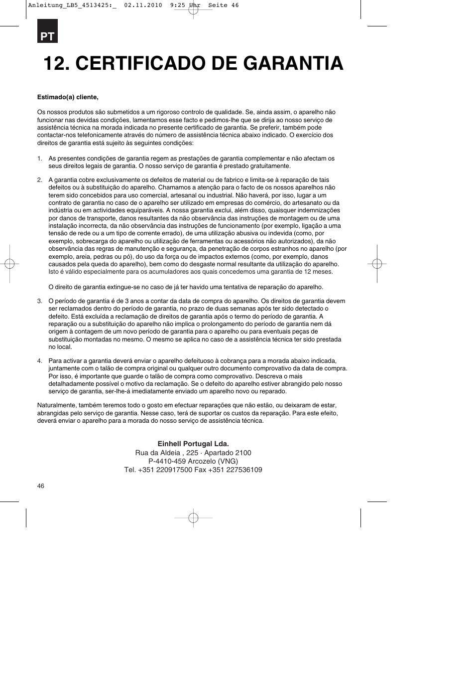 Certificado de garantia | Parkside PASS 3.6 A1 User Manual | Page 46 / 76