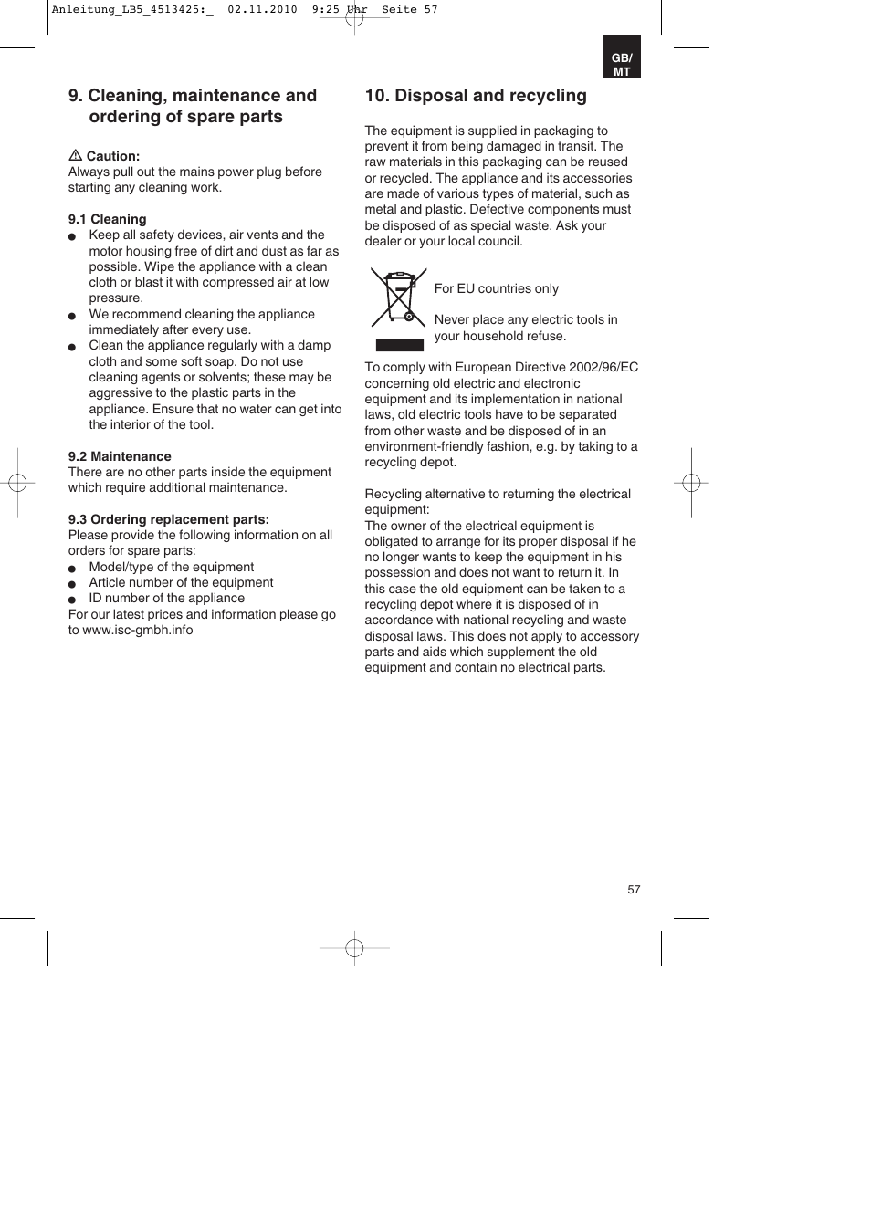 Cleaning, maintenance and ordering of spare parts, Disposal and recycling | Parkside PASS 3.6 A1 User Manual | Page 57 / 76