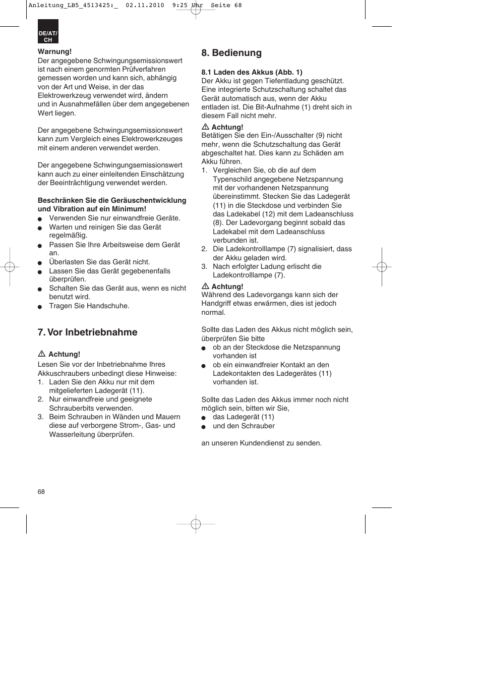 Vor inbetriebnahme, Bedienung | Parkside PASS 3.6 A1 User Manual | Page 68 / 76