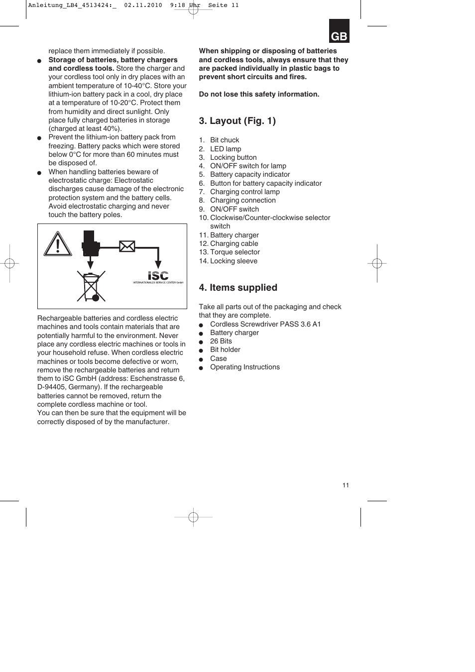 Layout (fig. 1), Items supplied | Parkside PASS 3.6 A1 User Manual | Page 11 / 100