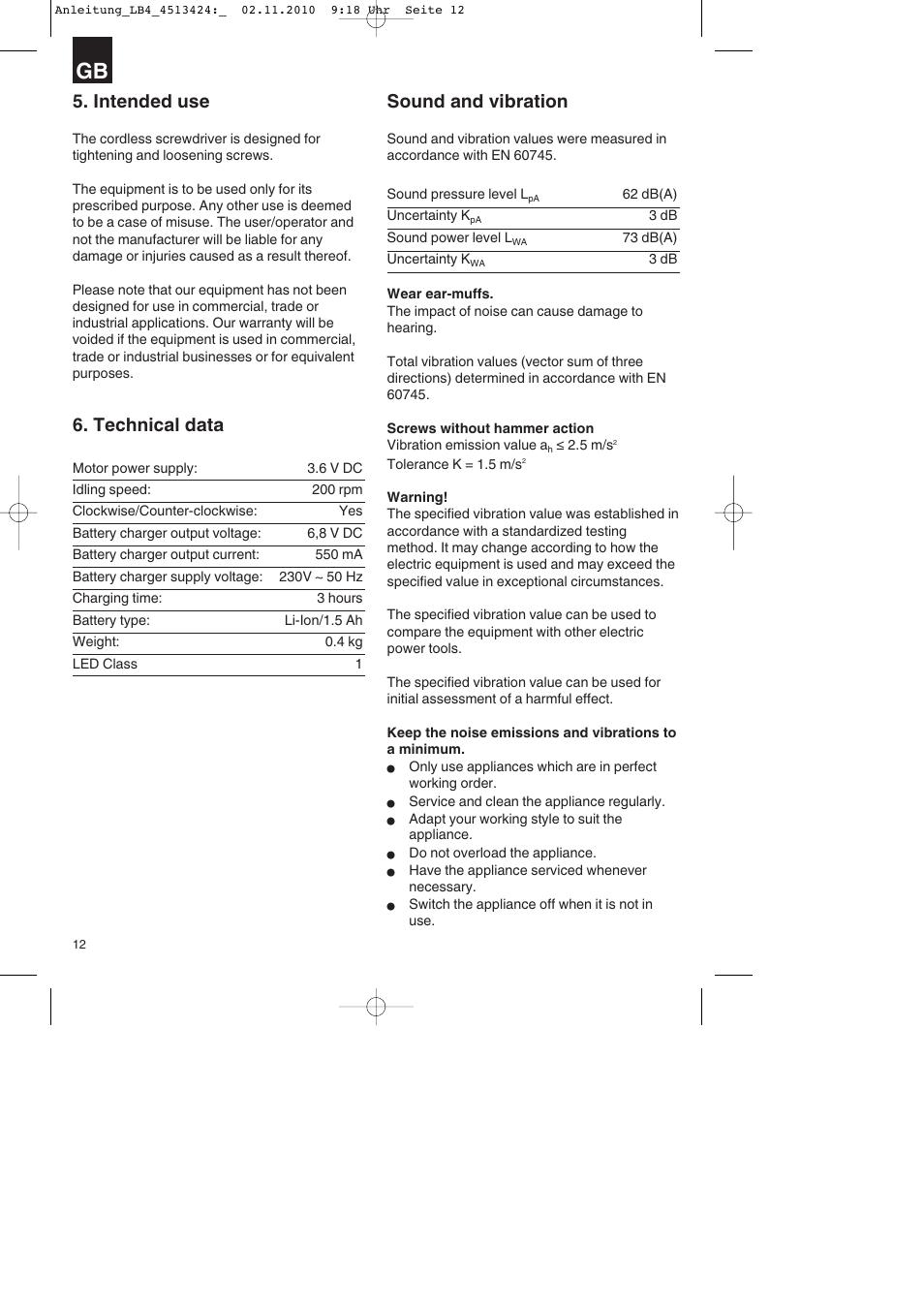Intended use, Technical data, Sound and vibration | Parkside PASS 3.6 A1 User Manual | Page 12 / 100