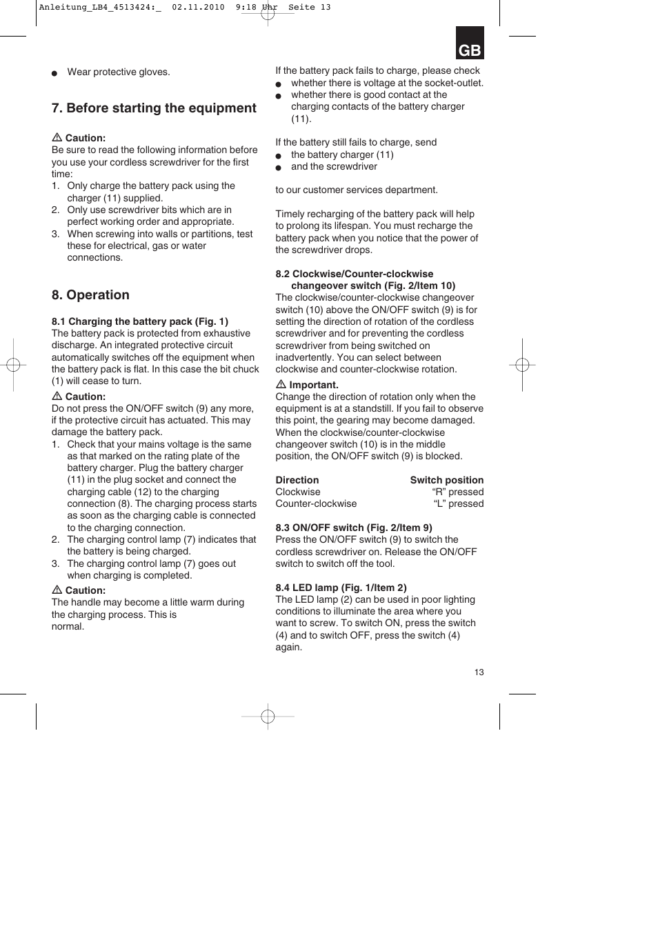 Before starting the equipment, Operation | Parkside PASS 3.6 A1 User Manual | Page 13 / 100