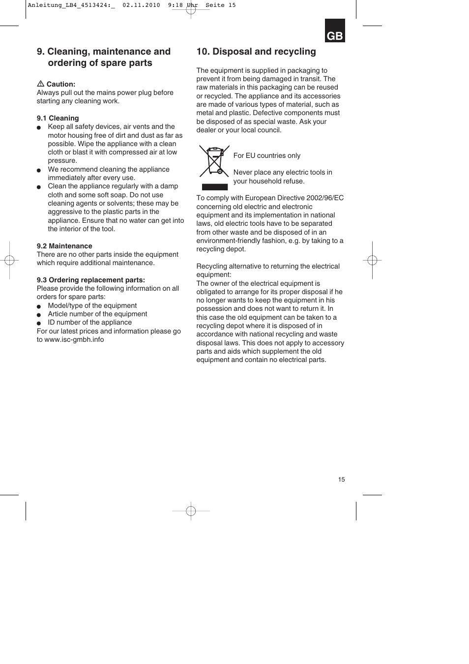 Cleaning, maintenance and ordering of spare parts, Disposal and recycling | Parkside PASS 3.6 A1 User Manual | Page 15 / 100