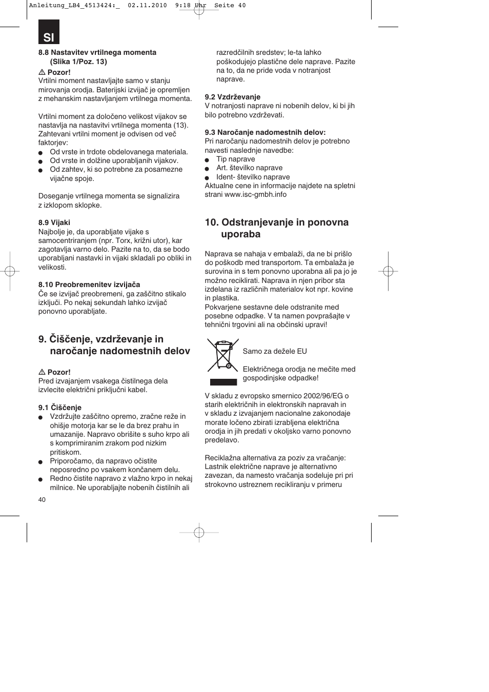 Odstranjevanje in ponovna uporaba | Parkside PASS 3.6 A1 User Manual | Page 40 / 100