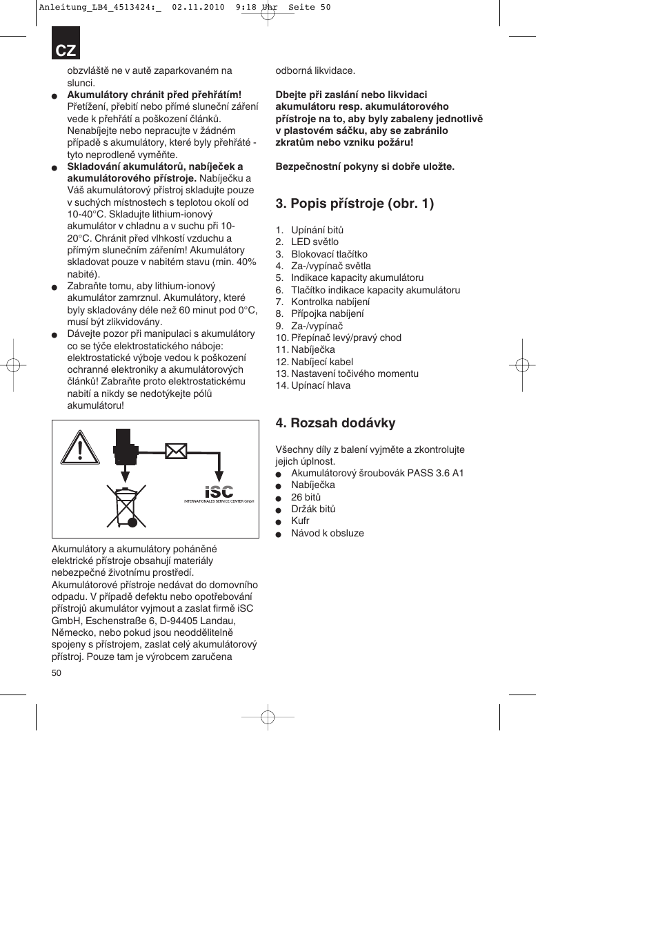 Popis přístroje (obr. 1), Rozsah dodávky | Parkside PASS 3.6 A1 User Manual | Page 50 / 100