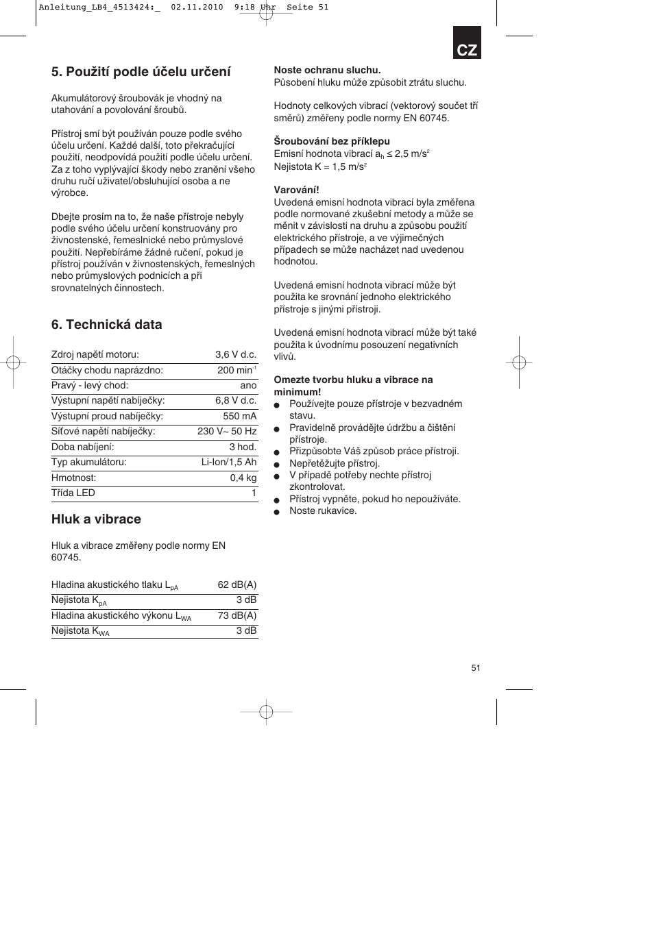 Použití podle účelu určení, Technická data, Hluk a vibrace | Parkside PASS 3.6 A1 User Manual | Page 51 / 100
