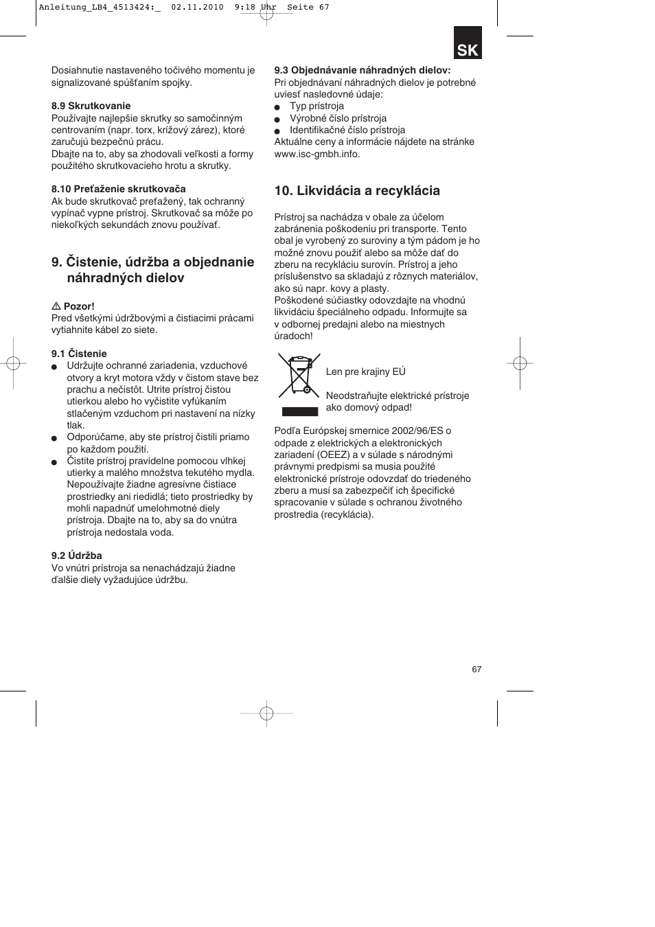 Čistenie, údržba a objednanie náhradných dielov, Likvidácia a recyklácia | Parkside PASS 3.6 A1 User Manual | Page 67 / 100