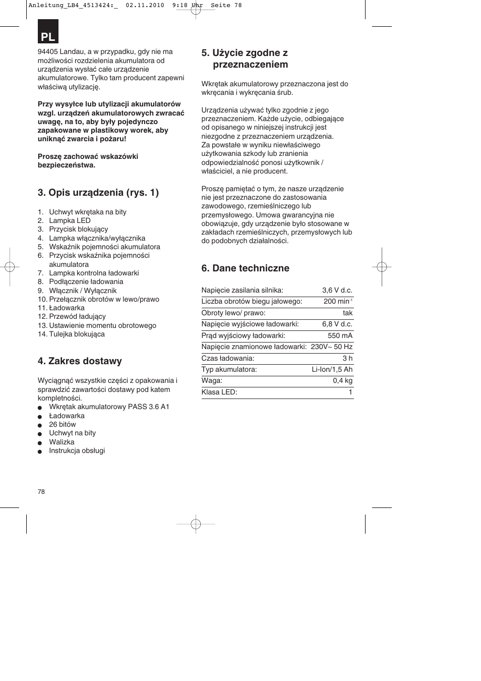 Opis urządzenia (rys. 1), Zakres dostawy, Użycie zgodne z przeznaczeniem | Dane techniczne | Parkside PASS 3.6 A1 User Manual | Page 78 / 100