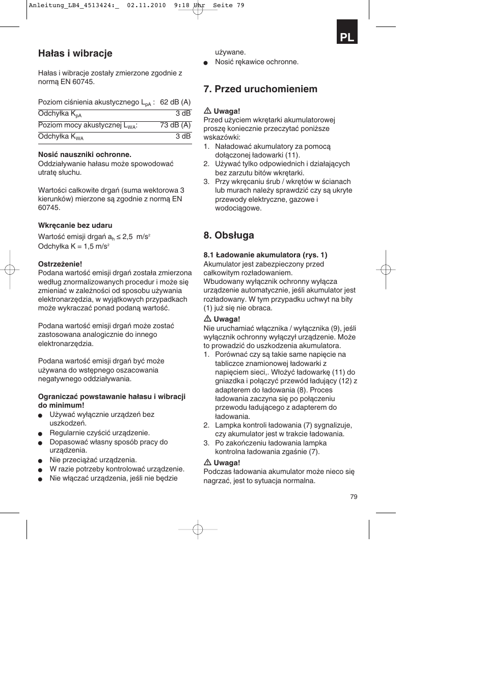 Hałas i wibracje, Przed uruchomieniem, Obsługa | Parkside PASS 3.6 A1 User Manual | Page 79 / 100