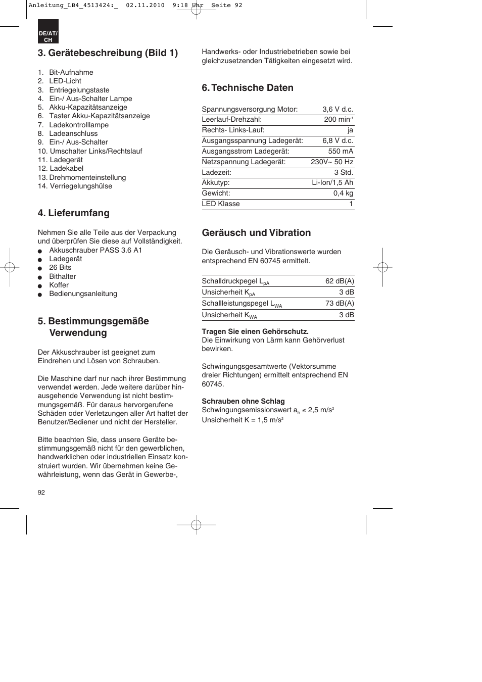 Gerätebeschreibung (bild 1), Lieferumfang, Bestimmungsgemäße verwendung | Technische daten, Geräusch und vibration | Parkside PASS 3.6 A1 User Manual | Page 92 / 100