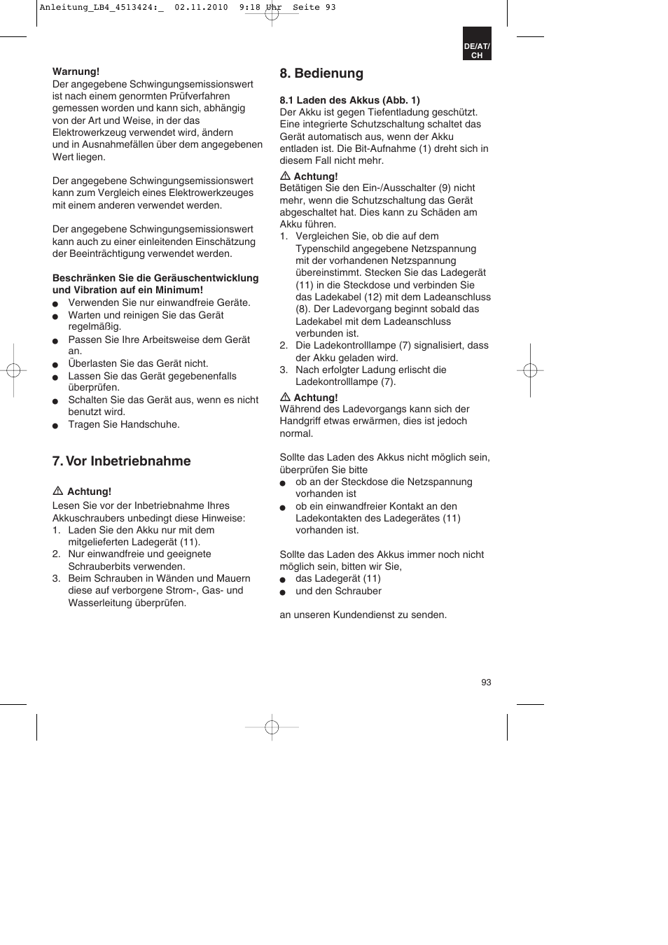 Vor inbetriebnahme, Bedienung | Parkside PASS 3.6 A1 User Manual | Page 93 / 100