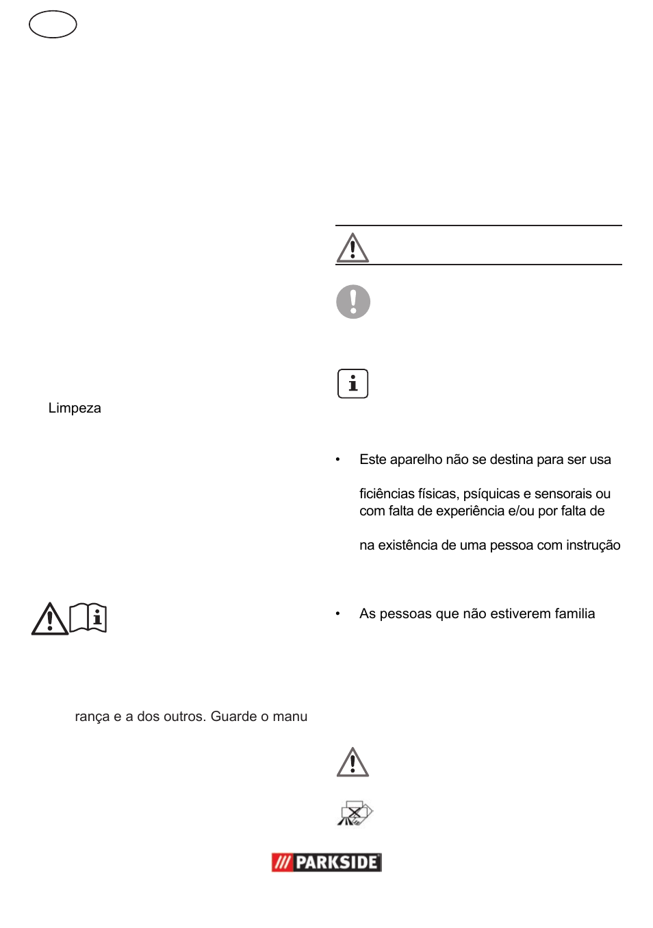 Indicações importantes de aviso e segurança, Tradução do manual de instruções original conteúdo | Parkside  PPC 30 User Manual | Page 12 / 28