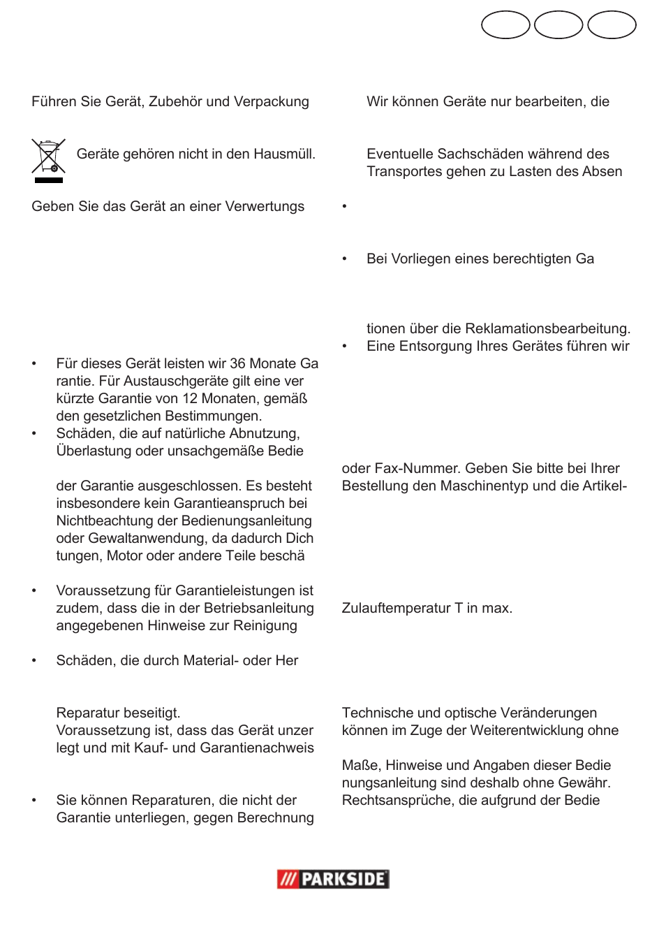 Ch at de, Entsorgung/umweltschutz, Garantie | Ersatzteile, Technische daten | Parkside  PPC 30 User Manual | Page 23 / 28