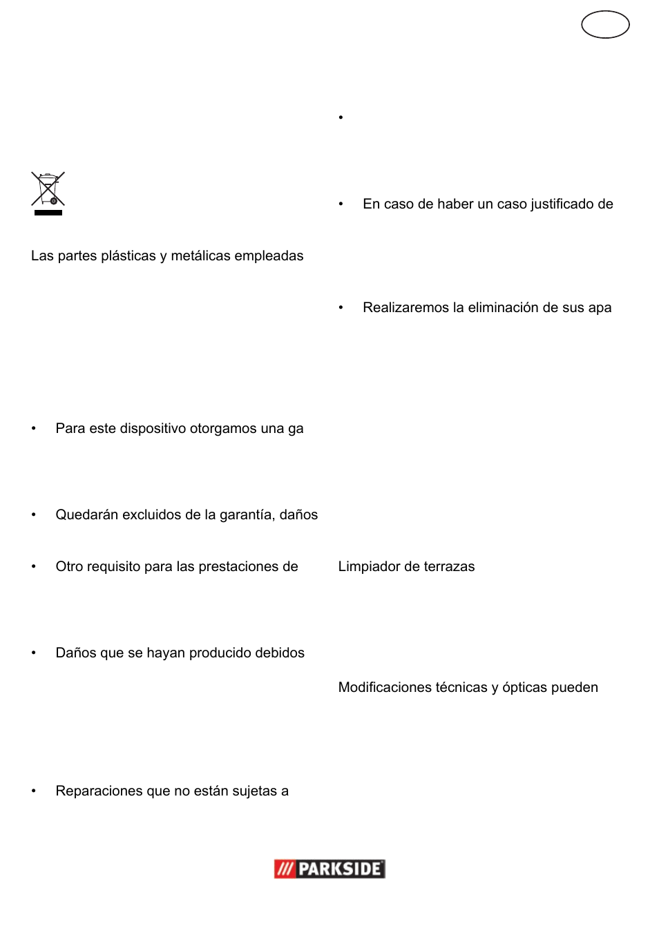 Eliminación y protección del medio ambiente, Indicaciones de servicio y de garantía, Pedido de piezas de repuesto | Datos técnicos | Parkside  PPC 30 User Manual | Page 7 / 28