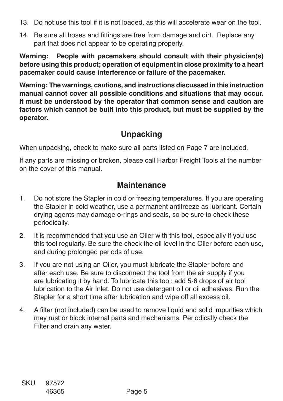 Unpacking, Maintenance | Harbor Freight Tools CROWN 97572 User Manual | Page 5 / 9