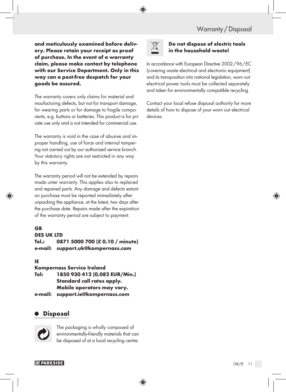 Warranty / disposal, Disposal | Parkside PHLG 2000 B1 User Manual | Page 10 / 12