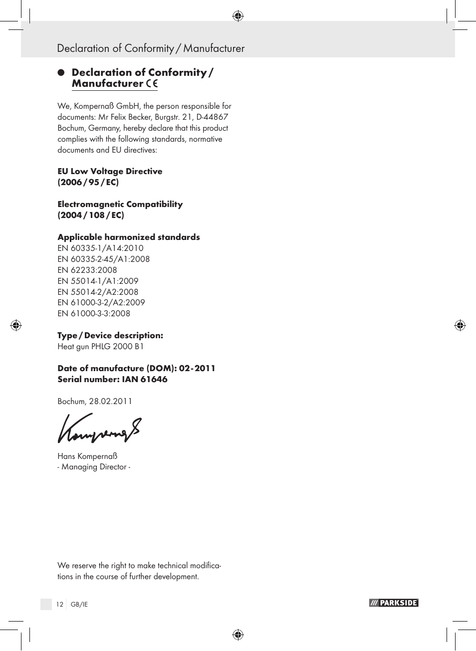 Declaration of conformity / manufacturer | Parkside PHLG 2000 B1 User Manual | Page 11 / 12