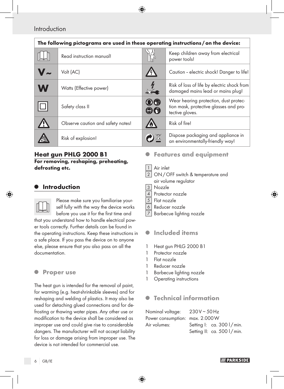 Introduction, Proper use, Features and equipment | Included items, Technical information | Parkside PHLG 2000 B1 User Manual | Page 5 / 12